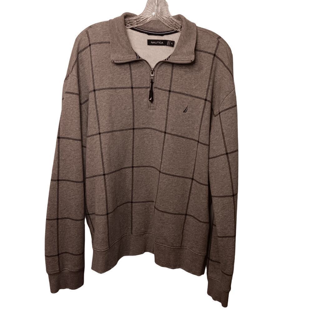 EUC Nautica Men's XL Gray Windowpane Cotton Blend Sweatshirt Zip Polo